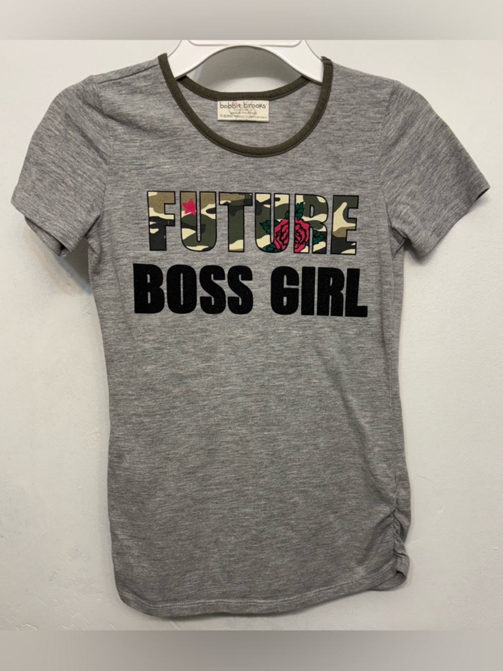 Bobbie Brooks Gray & Camo “Future Boss Girl” Ruffled Sides Tee Girls Size 6-6x